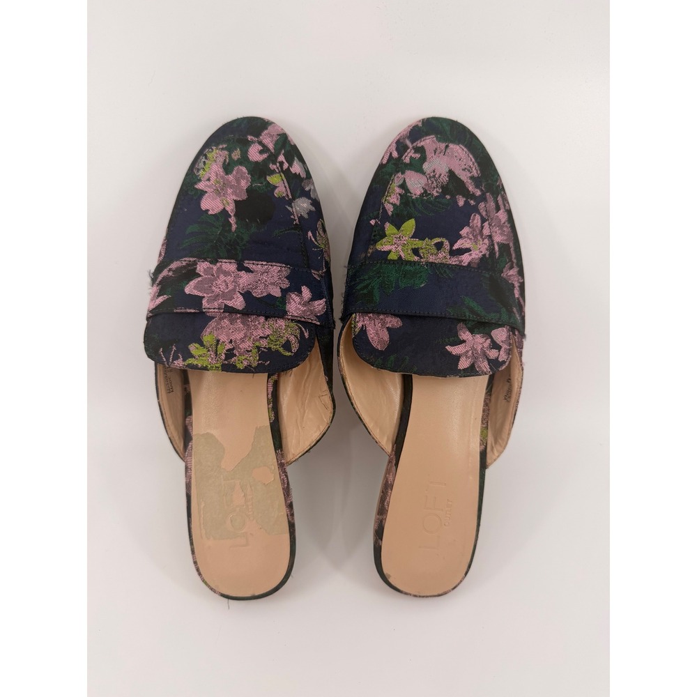 Loft Outlet Womens Navy Pink Floral Jacquard Backless Penny Loafer Mules Size 8M